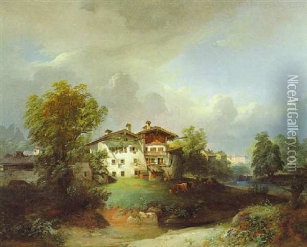 Motiv Bei Hallein, Bauernhof Am Arnbach, Im Hintergrund Die Barmsteiner Oil Painting - Franz Barbarini