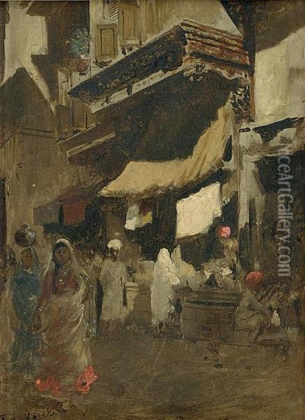 Figures In A Bazaar, Bombay Oil Painting - Edwin Lord Weeks