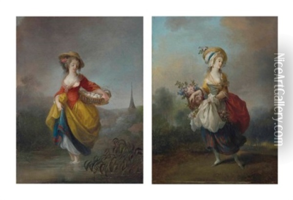 Marchande D'oeufs; Marchande De Fleurs (2 Works) Oil Painting - Jean-Frederic Schall