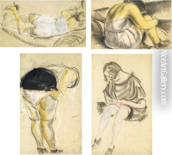A Group Of 4 Erotic Drawings Oil Painting - Boris Dimitrevich Grigoriev