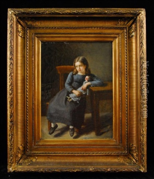 Girl In Blue Dress With Doll Oil Painting - Jean Antoine Pinchon