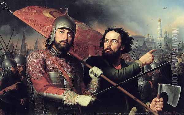 The National Uprising of Kuzma Minin d.1616 and Count Dmitry Pozharsky 1578-1642 1850 Oil Painting - Michail Ivanovich Skotti