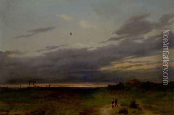 Sunset Landscape With Two Figures On A Track Oil Painting - Carlo Piacenza