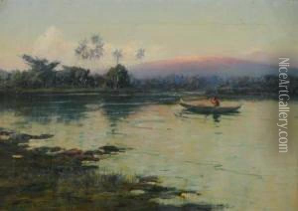 Sunrise Glow On Mount Loa From Waialua River, Hilo Oil Painting - David Howard Hitchcock