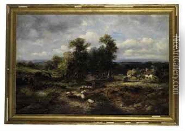 A Shepherd And His Flock On A Country Track, Cottages Beyond Oil Painting - Frederick Henry Henshaw