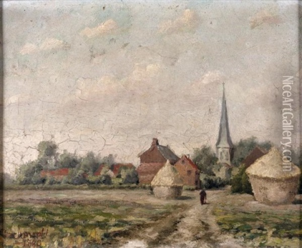 Paysage Aux Meules Et Au Clocher Oil Painting - Louis-Lucien J.B. Schmidt