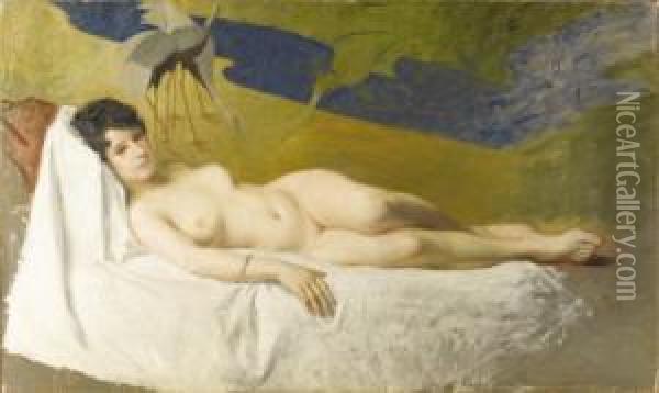 Reclining Nude By An Oriental Screen Oil Painting - J. Stewart