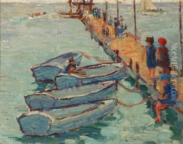 Children On Pier/boats Oil Painting - Alice Hirsh