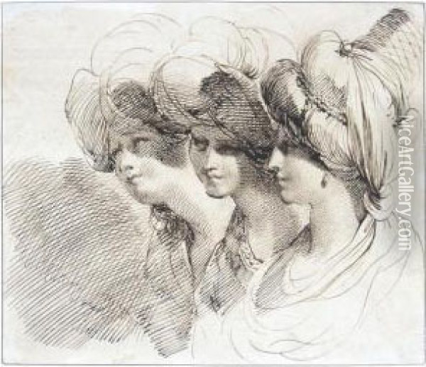 Studies Of Three Women In Elaborate Turbans Head And Shoulders Oil Painting - Mauro Gandolfi