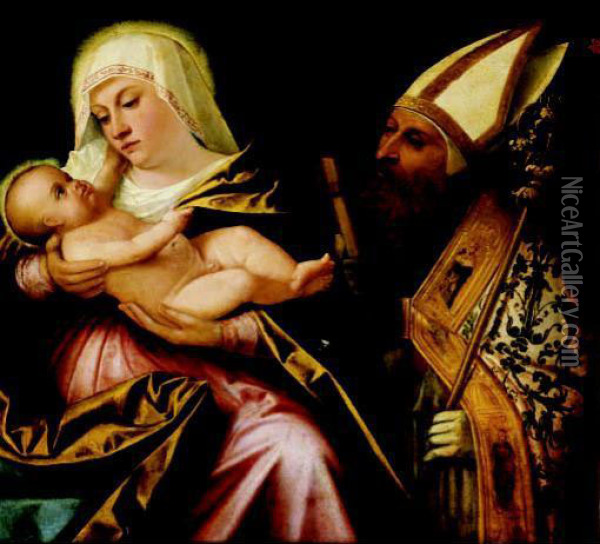 Madonna Con Il Bambino, San Girolamo E Sant'agostino Oil Painting - Giovanni De' Busi Cariani