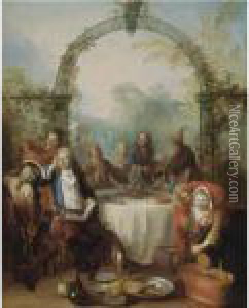 Elegant Figures Dining In A Garden Setting Oil Painting - Antoine Pesne