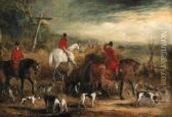 Huntsmen And Hounds At A Crossroads Oil Painting - John Jnr. Ferneley