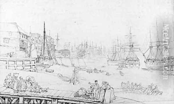 The Thames at Deptford, London, with figures in the foreground Oil Painting - Thomas Rowlandson