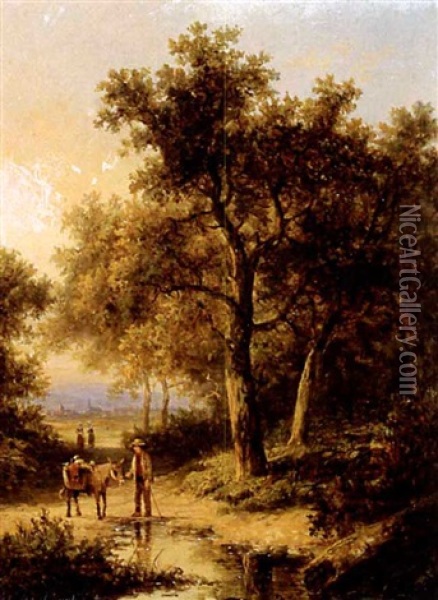 Travellers And Donkey On A Woodland Path Oil Painting - Barend Cornelis Koekkoek