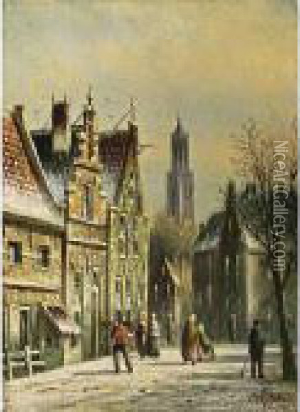 A Townscene In Winter, Utrecht Oil Painting - Johannes Franciscus Spohler