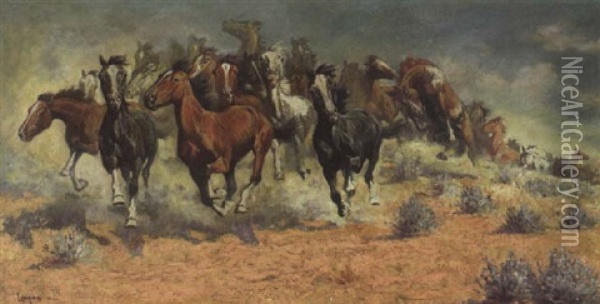 A Mustang Stampede Oil Painting - Fernand Harvey Lungren