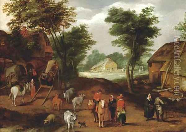 Travellers conversing in a village Oil Painting - Adriaan van Stalbemt