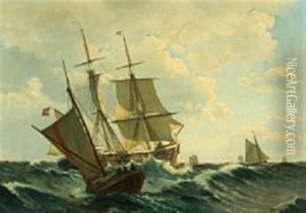 Seascapewith Three-masted Sailing Ship In Rough Seas Surrounded By Fishing Boats Oil Painting - Christian Blache