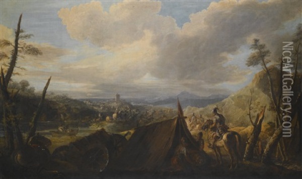 A Military Encampment Before A Battlefield Oil Painting - Antonio Maria Marini