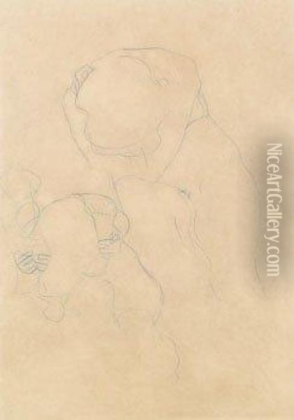Mit Gesenktem Kopf Aufgestutzt Sitzender Akt, Wiederholung Mit Herabhangendem Haar Oil Painting - Gustav Klimt