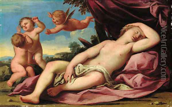 Venus sleeping in a landscape with putti playing nearby Oil Painting - Antonio Bellucci