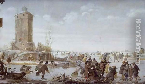 Skaters and elegant figures with horse-drawn sleighs on a frozen river by a tower Oil Painting - Barent Avercamp