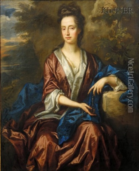 Portrait Of A Lady With A String Of Pearls Seated In A Landscape Oil Painting - John Riley