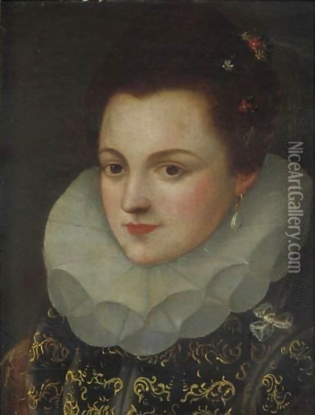 Portrait Of A Lady Wearing A Black Dress With Gold Brocade And A White Ruff Oil Painting - Frans Pourbus the younger