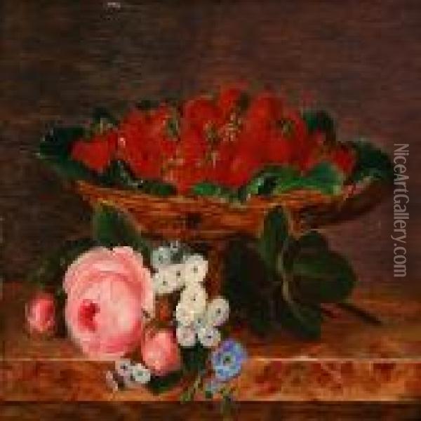 Strawberries And Pink Roses On A Sill Oil Painting - I.L. Jensen
