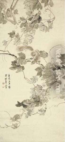 Wild Grapes And Squirrel Oil Painting - Tsubaki Chinzan