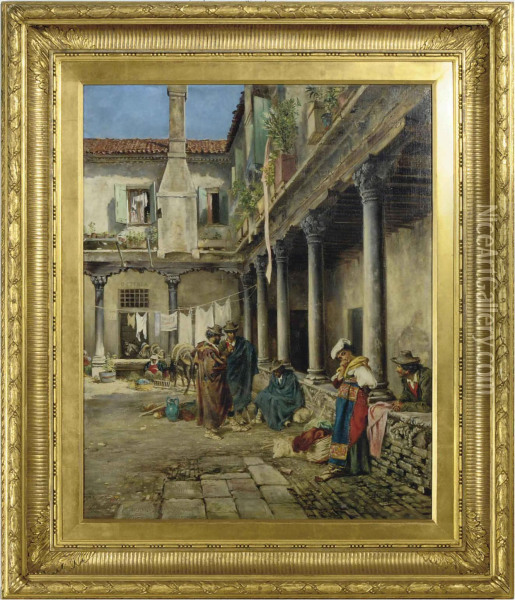 The Osteria: A Couple Flirting In A Courtyard Oil Painting - Keeley Halswelle