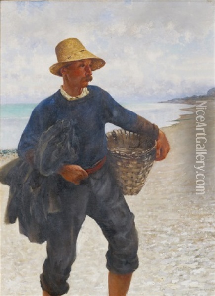 Ostronplockare Pa Strand Oil Painting - August Vilhelm Nikolaus Hagborg