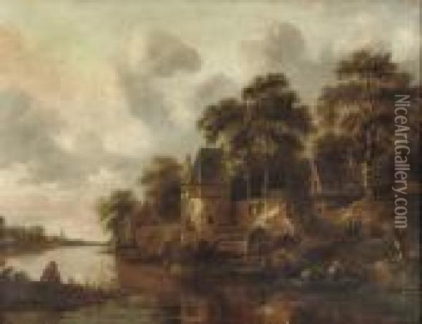 A River Landscape With Fishermen In Their Boats Oil Painting - Claes Molenaar (see Molenaer)