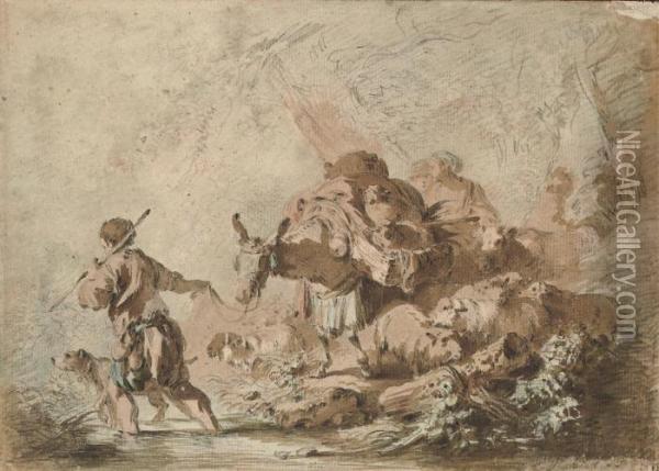 A Peasant Family And Their Animals Crossing A Stream Oil Painting - Jean-Baptiste Huet I