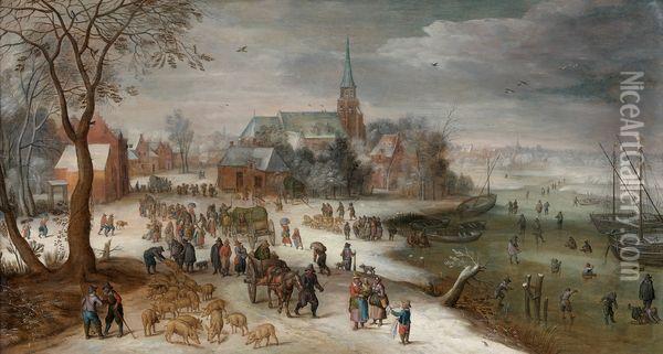 < Paysage De Neige : Vue Des Bords De L'escaut A Schelle >. Oil Painting - Jan Brueghel the Younger