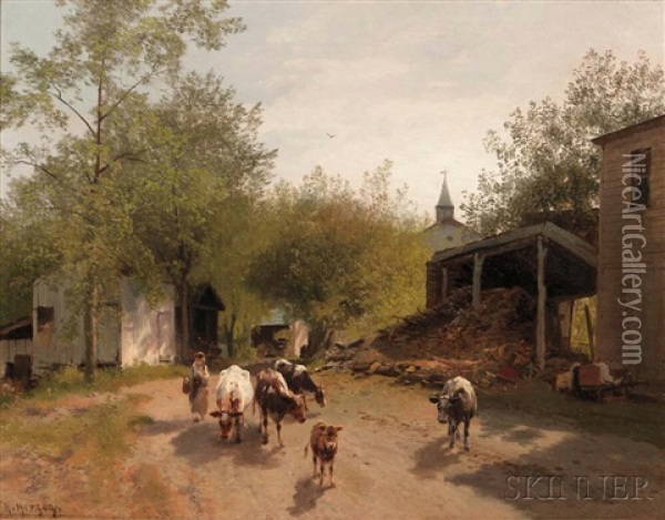 Early Morning On The Farm Oil Painting - Hermann Herzog