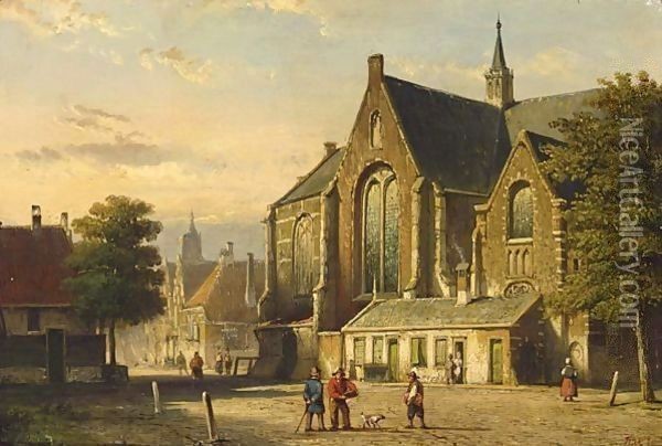 Figures On A Square In Front Of A Church Oil Painting - Willem Koekkoek