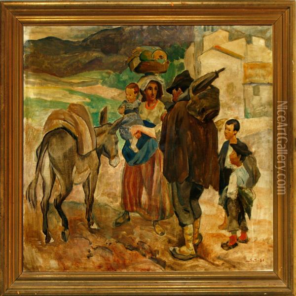A Family With Their Donkey In An Italian Village Oil Painting - Soren Sorensen