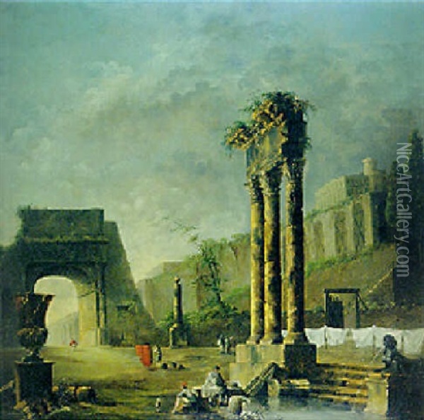 A Washerwomen By A Pool And Other Figures Amongst Classical Ruins Oil Painting - Hubert Robert