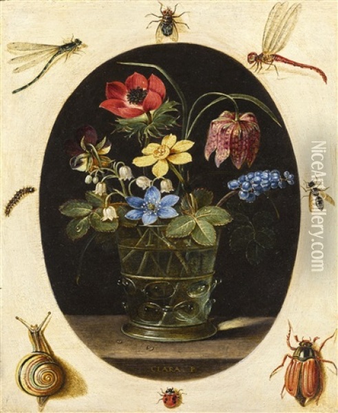 Still Life With Flowers In A Glass Vase Surrounded By Insects And A Snail Oil Painting - Clara Peeters