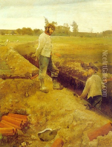 The Drainpipe Diggers, Mogenstrup Oil Painting - Laurits Andersen Ring