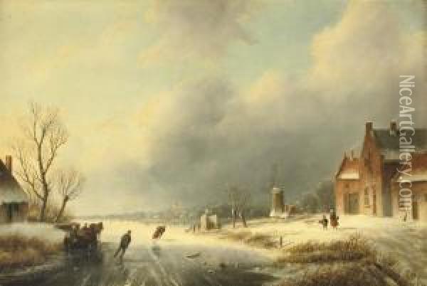 A Frozen Waterway With Skaters Oil Painting - Hester Adriana Corn. Zaalberg