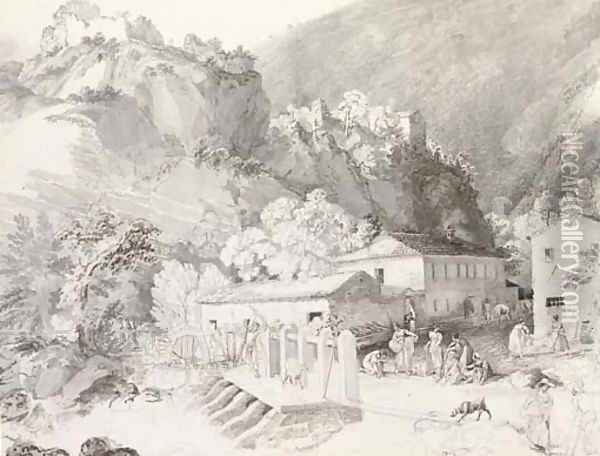 View of an alpine village with figures by a footbridge, perhaps Trient, Switzerland Oil Painting - German School