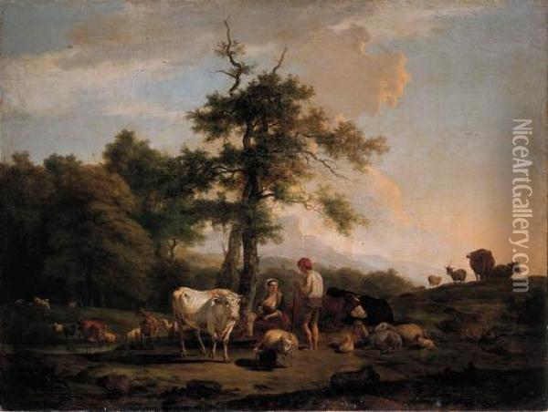 A Cowherd And A Shepherdess On A Riverbank, In A Italianatelandscape Oil Painting - Nicolas Henri Joseph De Fassin