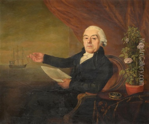 Portrait Of A Gentleman Wearing A Black Suit, Powdered Wig And Holding A Document Whilst Pointing To A Masted Ship At Sea Beyond Oil Painting - Thomas Hudson