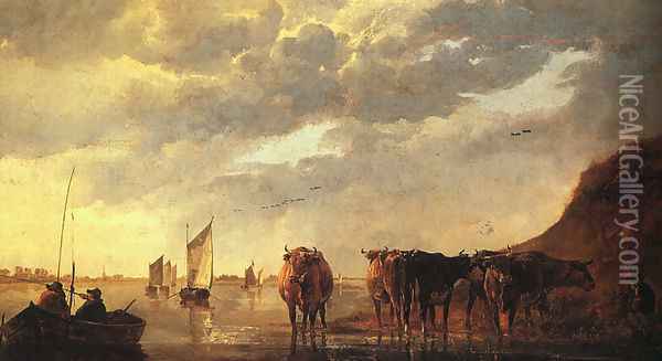 Herdsman with Cows by a River Oil Painting - Aelbert Cuyp
