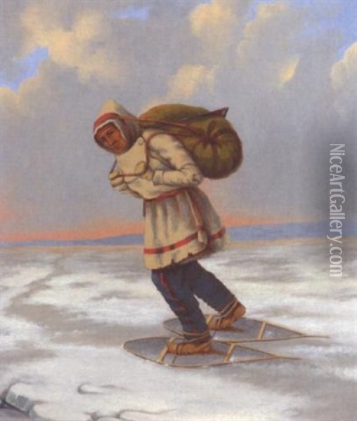 Trapper On Snowshoes Oil Painting - Martin Somerville
