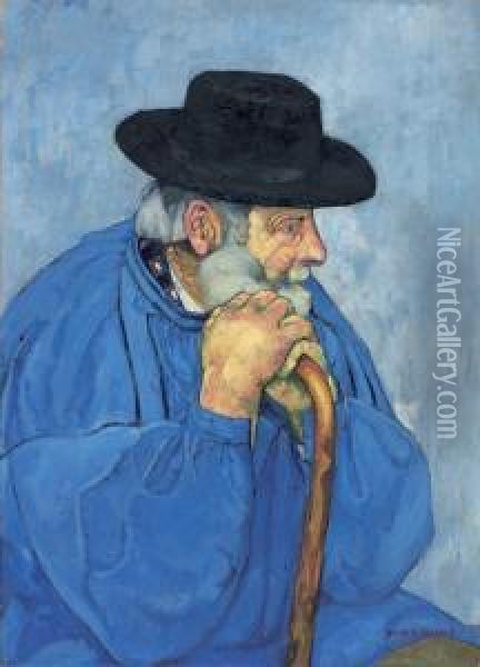 Oberlander Bauer Mit Hut Und Stock. - Oberlander Bauer In Blauem Burgunder Oil Painting - Max Alfred Buri