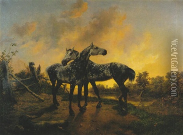 Zwei Apfelschimmel Bei Sonnenuntergang Oil Painting - Johann Rudolf Koller