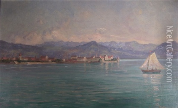 Blick Von Westen Auf Die Inselstadt Lindau Und Die Osterreichischen Alpen Oil Painting - Louis Letsch